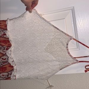 White lace dress with orange patterned bottom